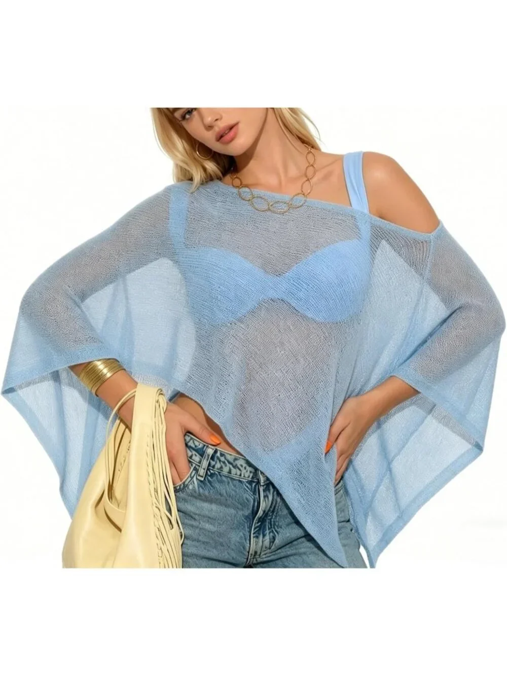 Women's Light Blue Lightweight Knit Crochet Shrug Bolero Mesh Batwing Cover Up